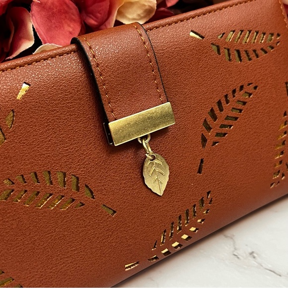 Cinnamon Brown and Gold Leaf Vegan Leather Clutch Wallet - Picture 12 of 16